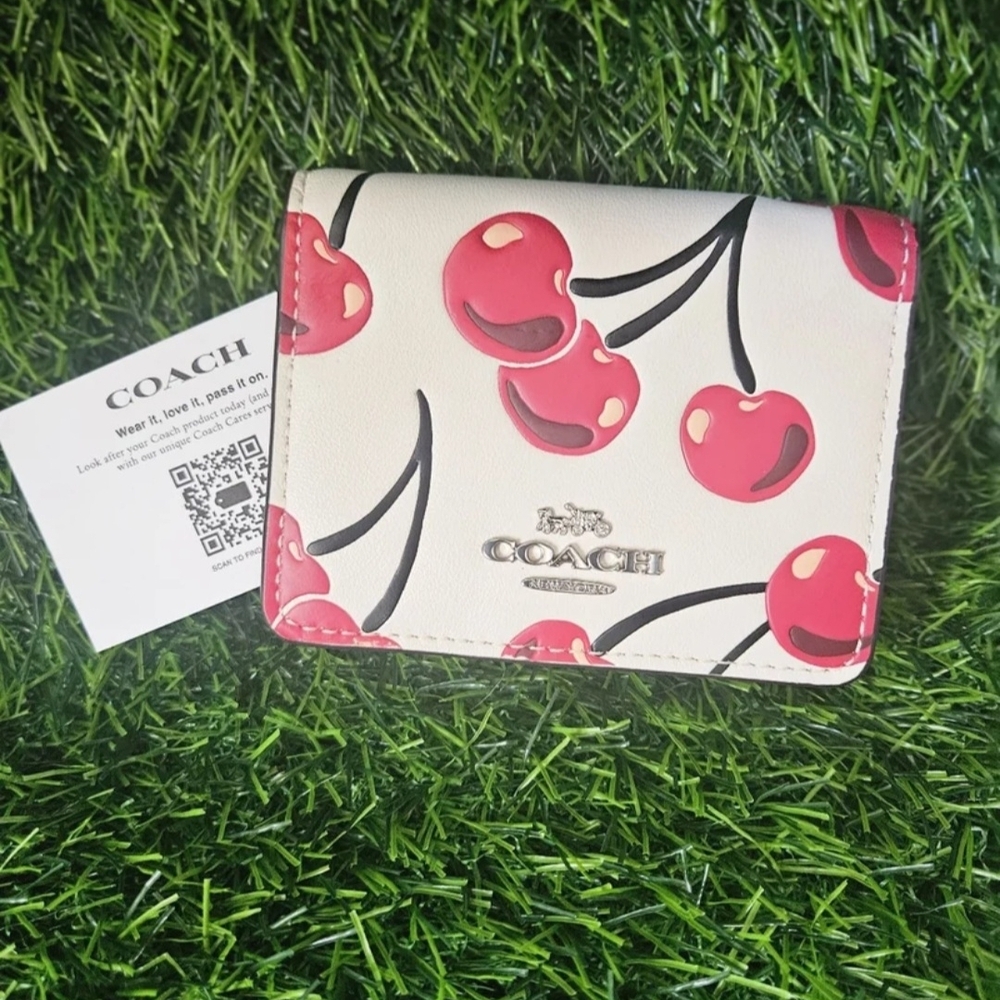 NWT Coach Mini Wallet On A Chain With Cherry Print Silver/ Chalk Multi CZ759